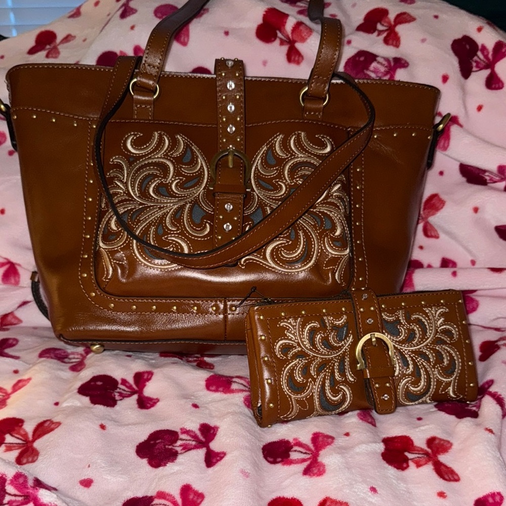 Leather Embroidered Patricia Nash bag and matching wallet